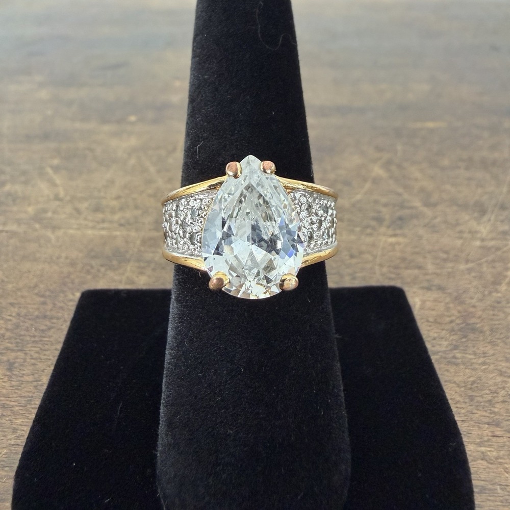 Vintage Estate Jewelry Sterling Silver 925 Gold Tone Teardrop‎ CZ Ring Sz 7